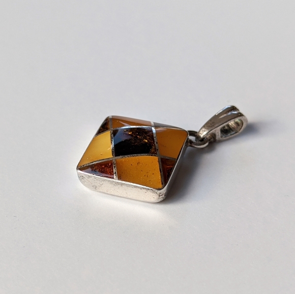 Sterling And Baltic Amber Checkerboard Pendant - Picture 3 of 6